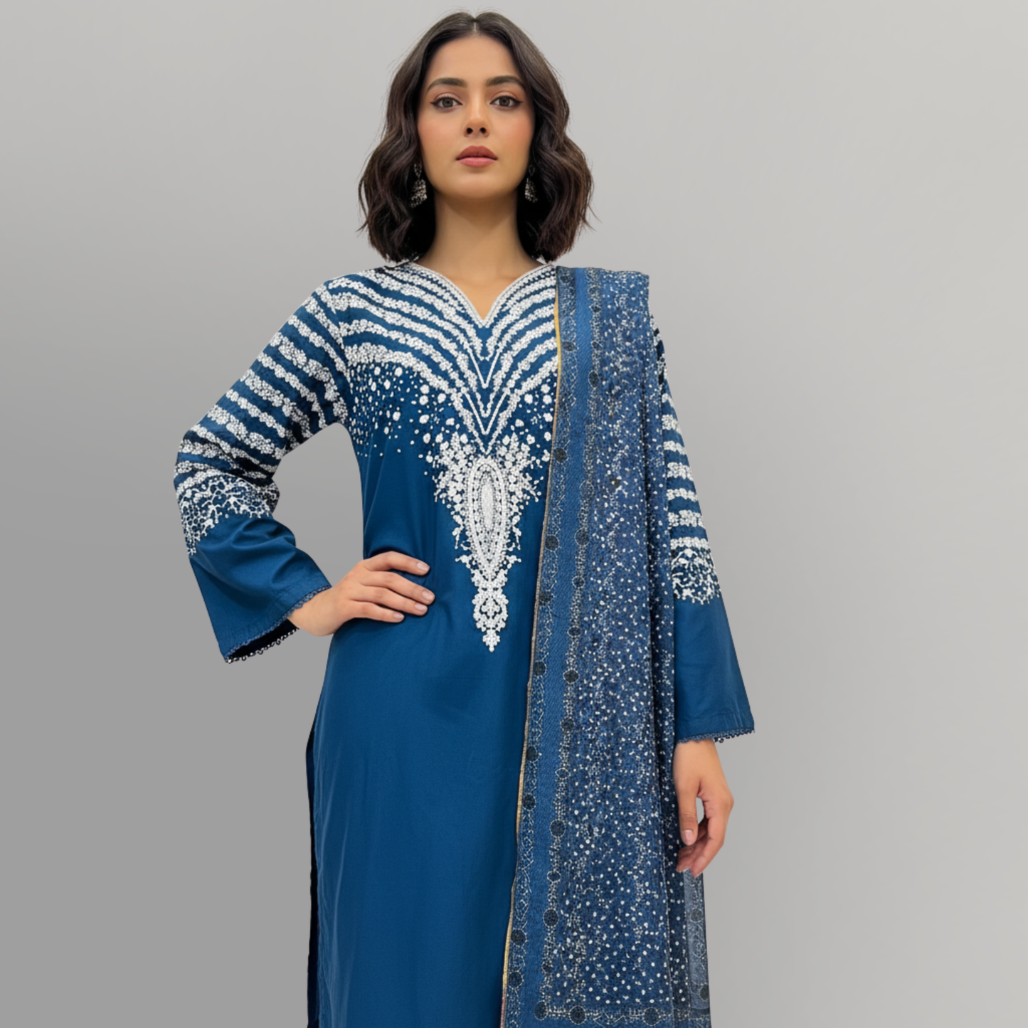 💚 Teal Sapphire Embroidered 3-Piece Cotton Suit