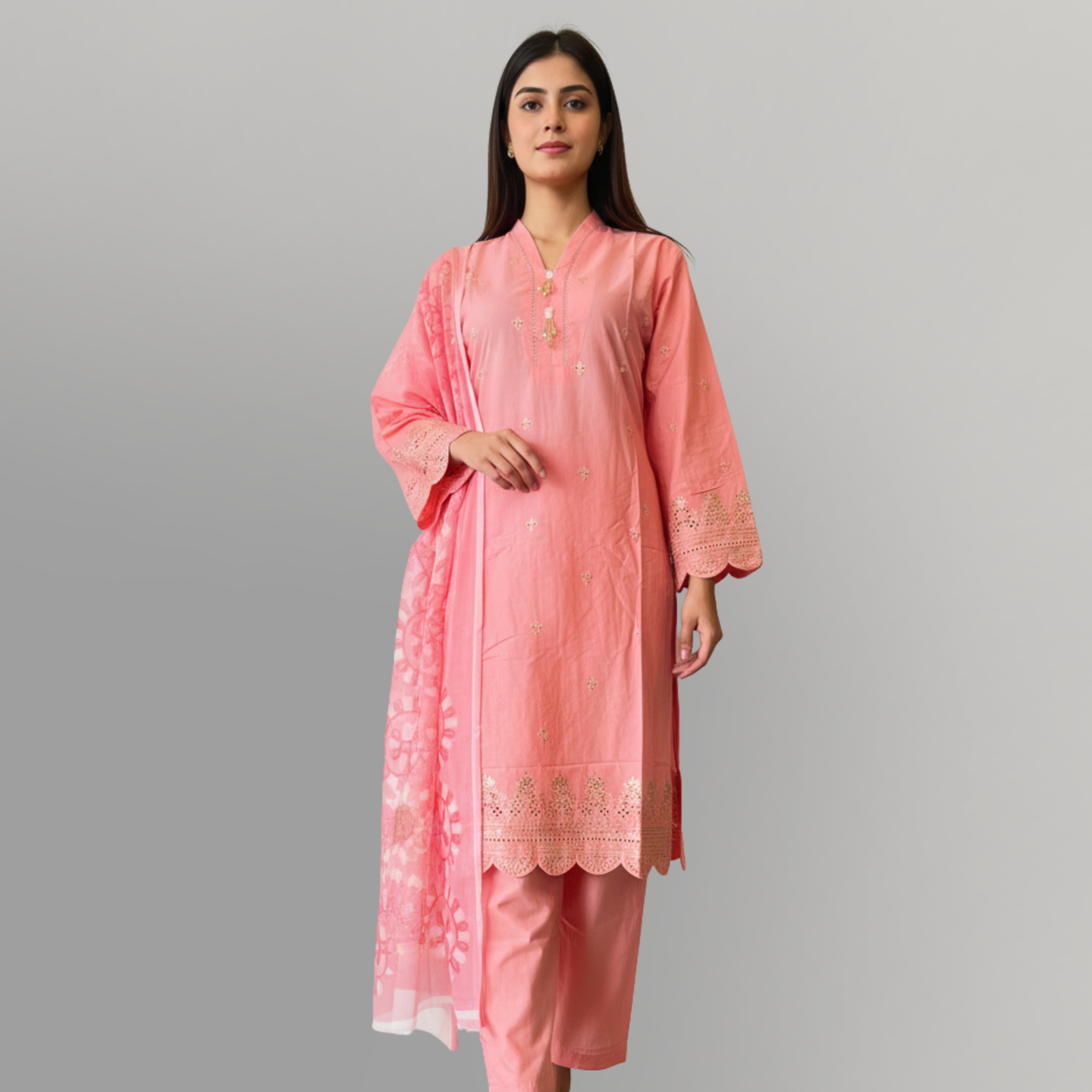 💚 Coral Glow Embroidered 3-Piece Lawn Suit