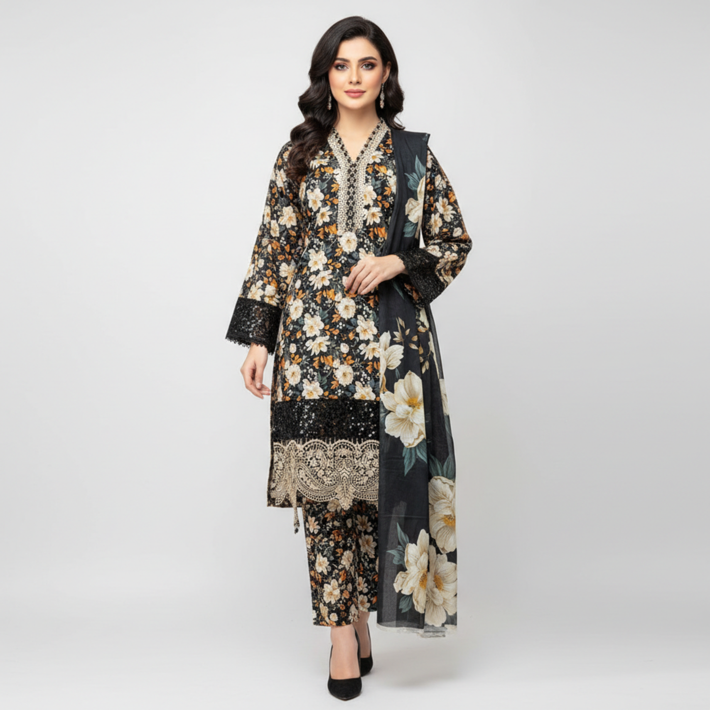 π Midnight Dahlia Embroidered 3-Piece Lawn Suit