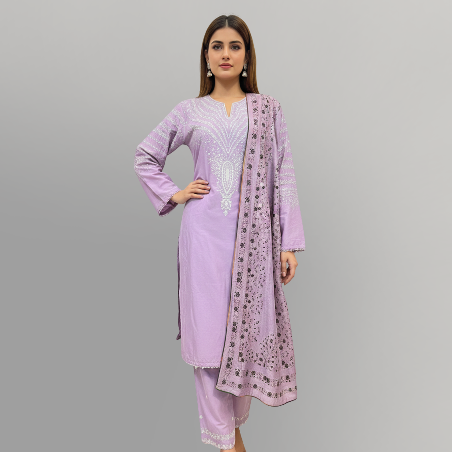 💚 Lilac Palm Embroidered 3-Piece Cotton Suit