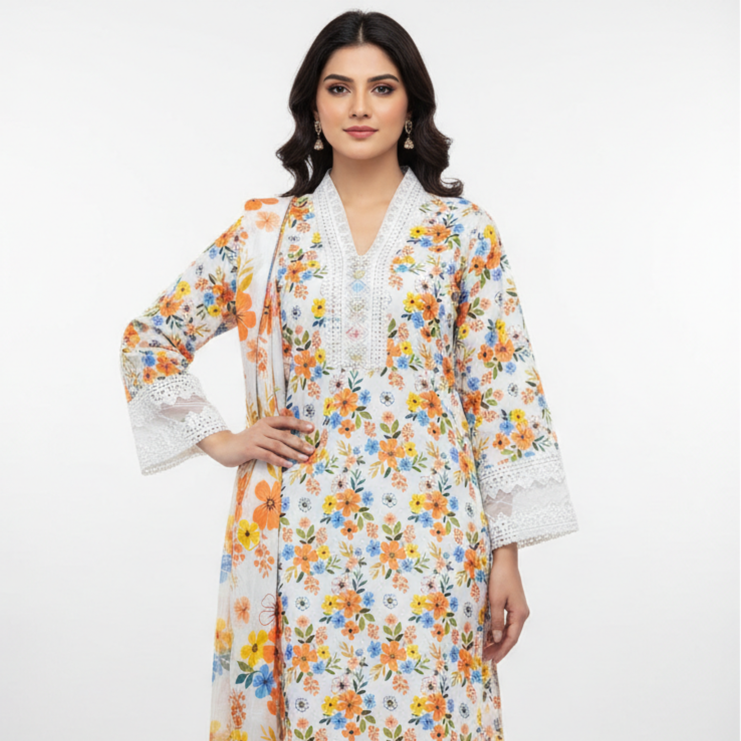 π Ivory Meadow Embroidered 3-Piece Lawn Suit