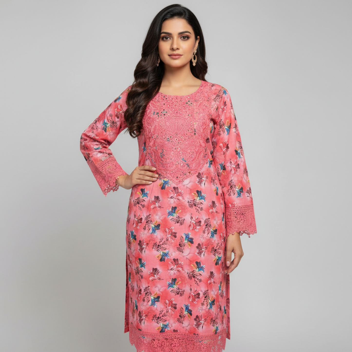 💚 Coral Bloom Embroidered 3-Piece Lawn Suit