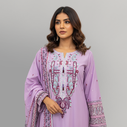 💚 Lilac Charm Embroidered 3-Piece Cotton Suit