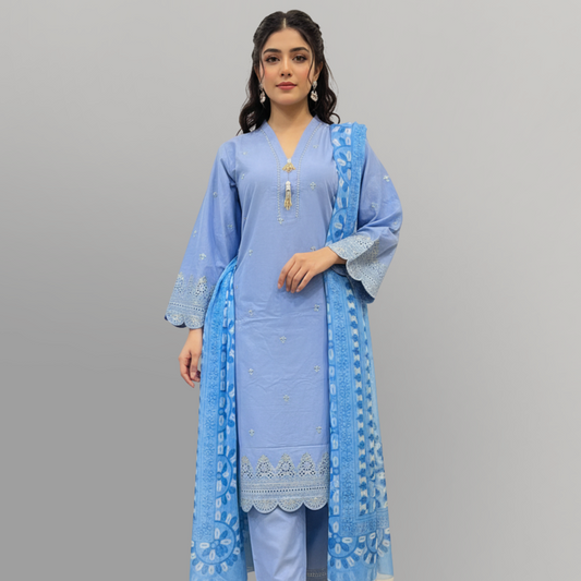 💚 Cerulean Sky Sequined Embroidered 3-Piece Lawn Suit