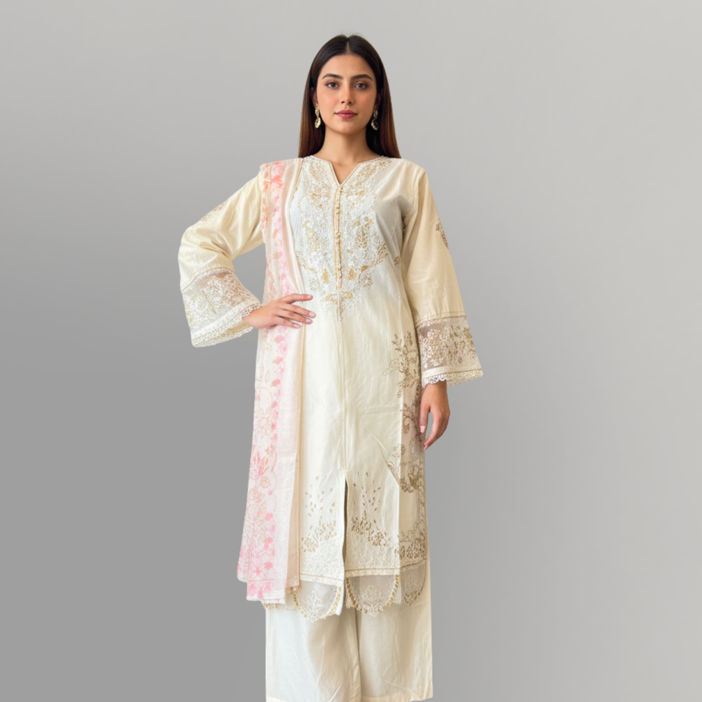 💚 Ivory Gold Luxe Embroidered 3-Piece Lawn Suit
