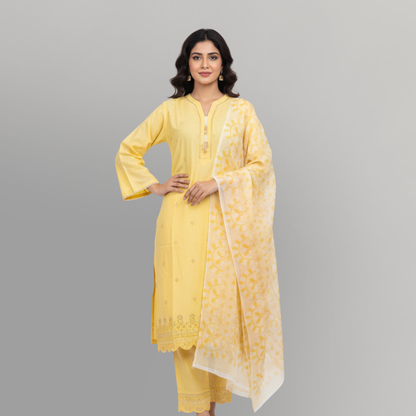 💚 Sunshine Glow Embroidered 3-Piece Lawn Suit