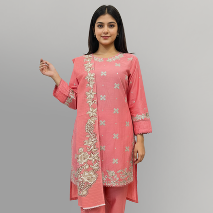 💚 Peach Radiance Embroidered 3-Piece Cotton Suit