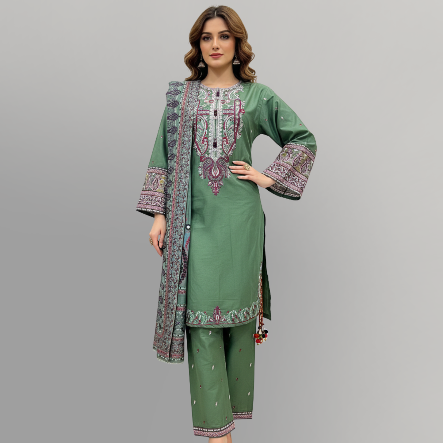 💚 Sea Green Heritage Embroidered 3-Piece Cotton Suit