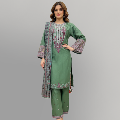 💚 Sea Green Heritage Embroidered 3-Piece Cotton Suit