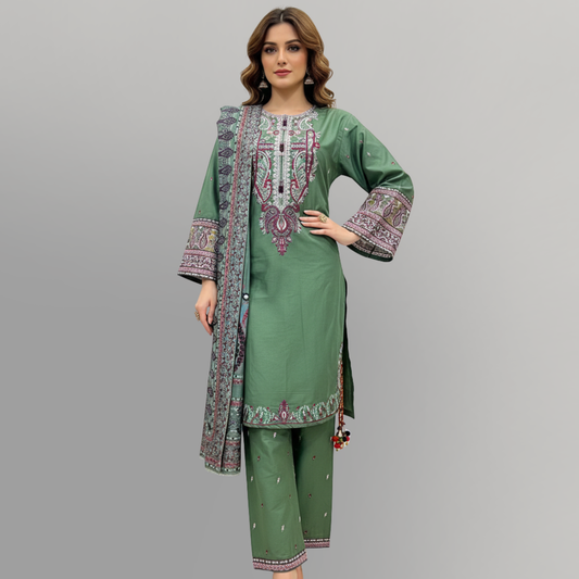 💚 Sea Green Heritage Embroidered 3-Piece Cotton Suit