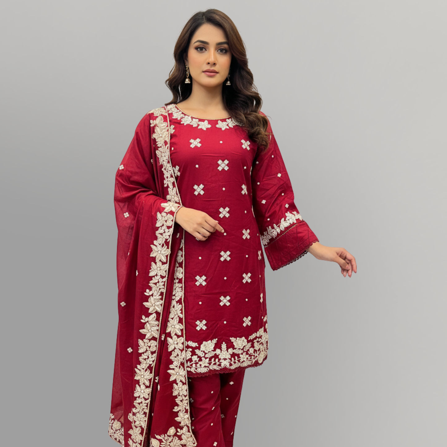 💚 Garnet Glow Embroidered 3-Piece Cotton Suit