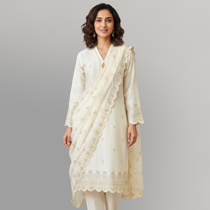 💚 Ivory Pearl Sequence Embroidered 3-Piece Lawn Suit