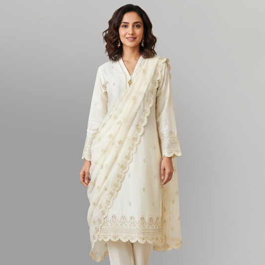 💚 Ivory Pearl Sequence Embroidered 3-Piece Lawn Suit