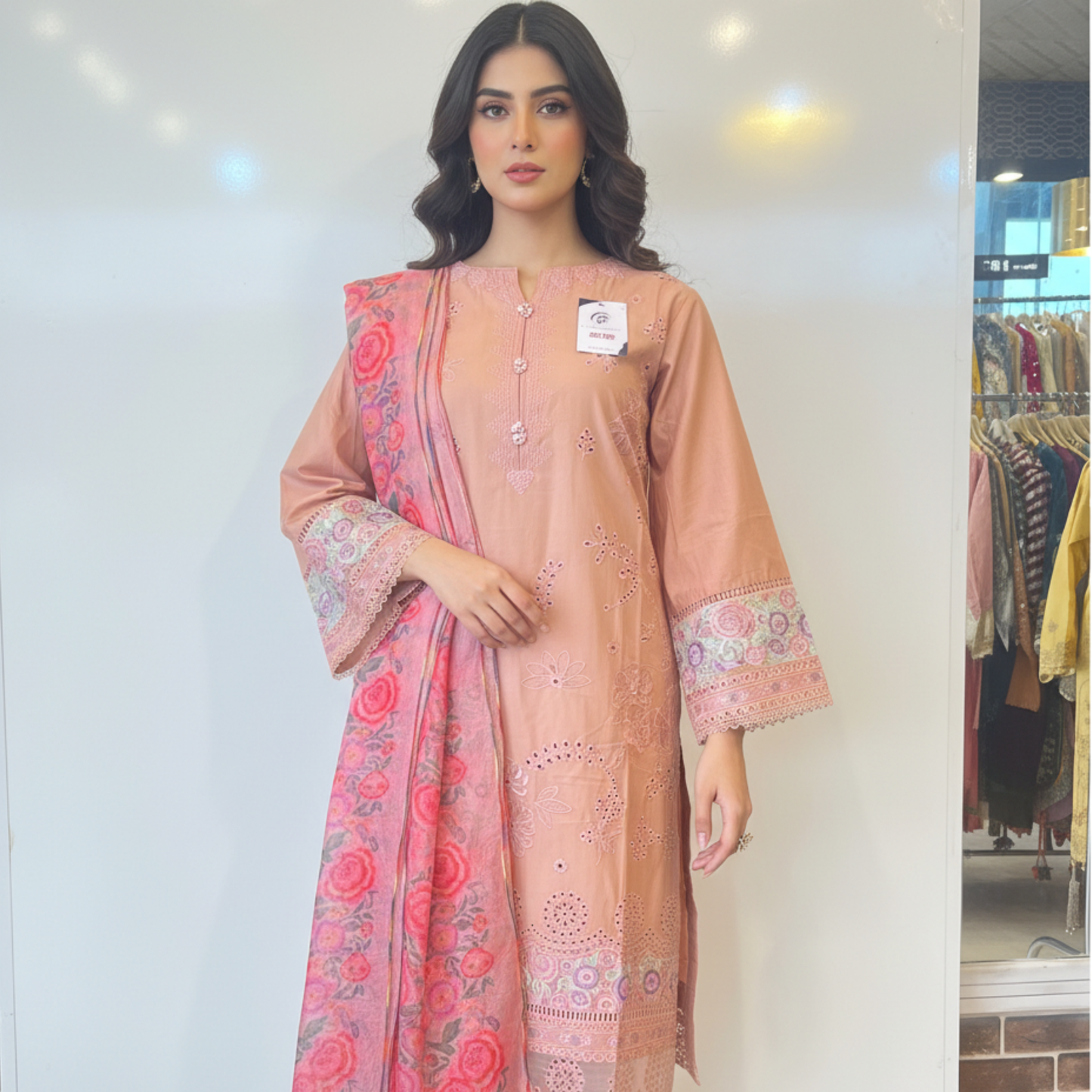 💚 Peach Blossom Embroidered 3-Piece Lawn Suit