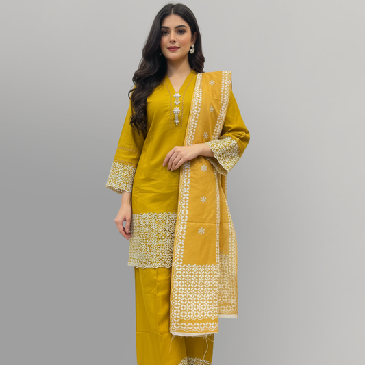 💚 Golden Citrine Embroidered 3-Piece Lawn Suit