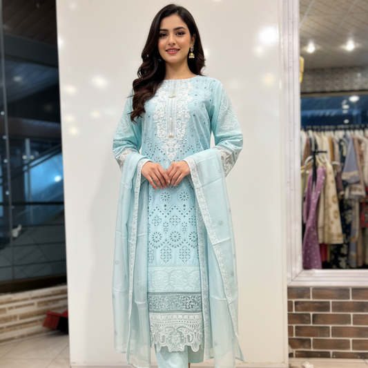 💚 Azure Frost Embroidered 3-Piece Lawn Suit
