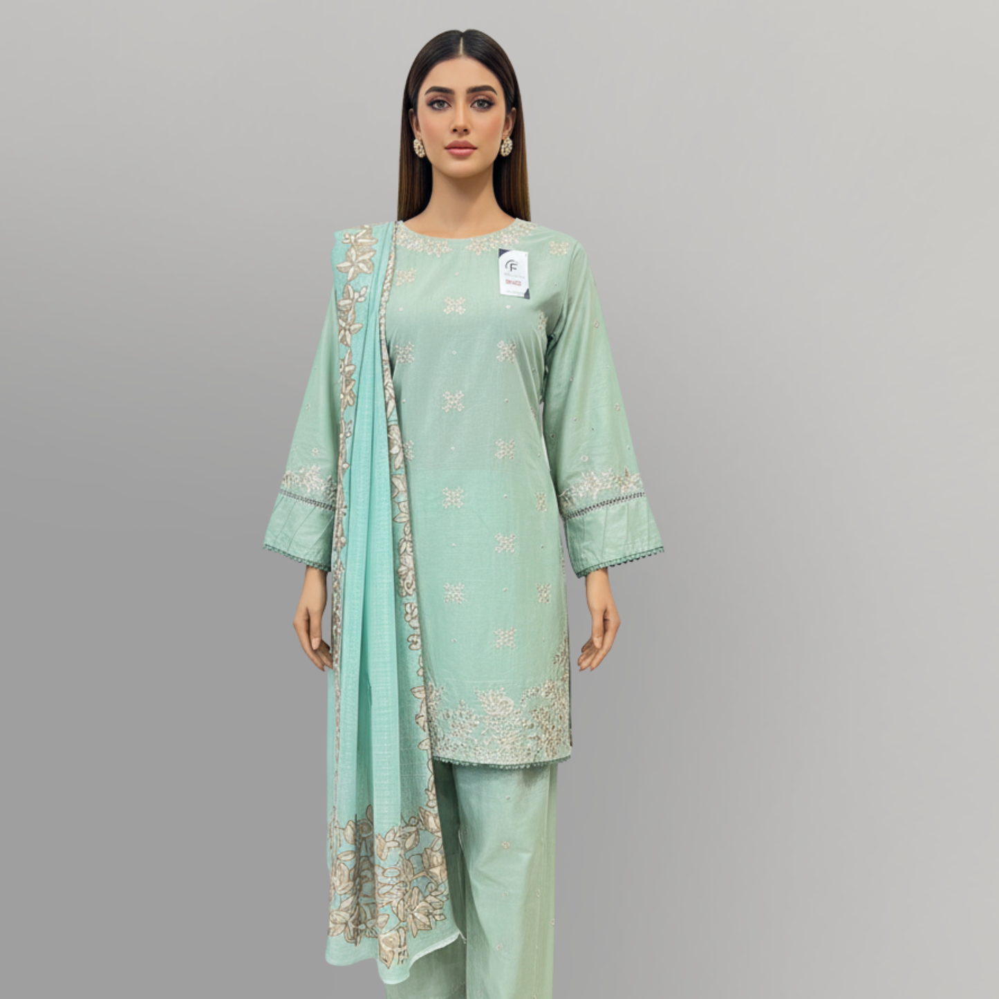 💚 Mint Serenity Embroidered 3-Piece Cotton Suit