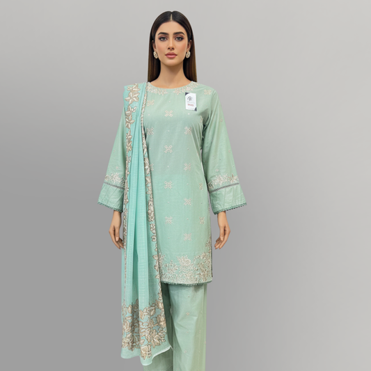 💚 Mint Serenity Embroidered 3-Piece Cotton Suit