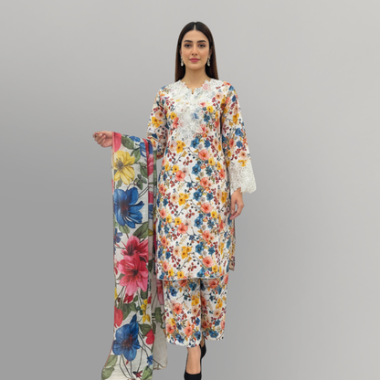 💚 White Floral Symphony Embroidered 3-Piece Lawn Suit