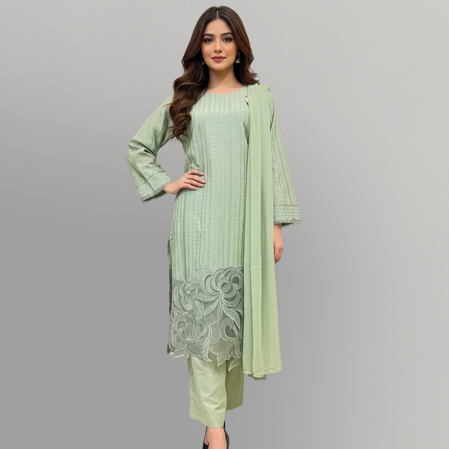 💚 Mint Essence Sequined Embroidered 3-Piece Lawn Suit