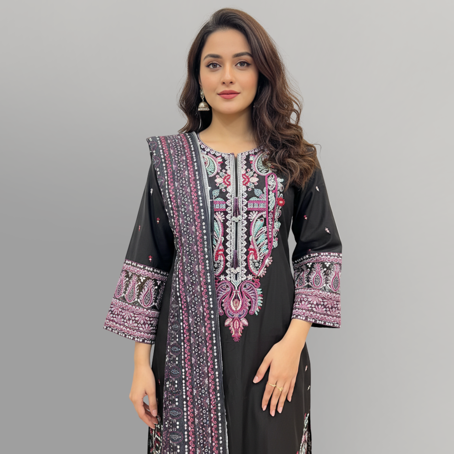 💚 Midnight Paisley Embroidered 3-Piece Cotton Suit