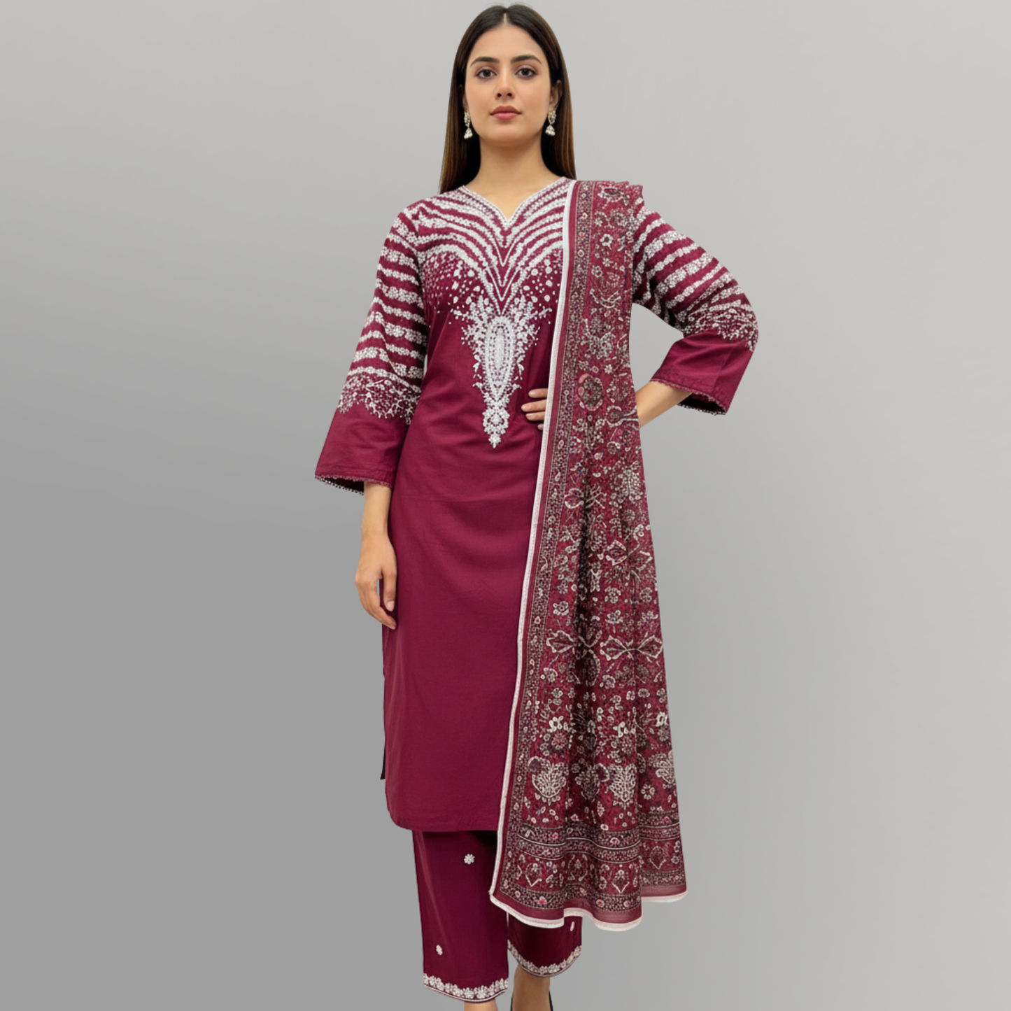 💚 Burgundy Bliss Embroidered 3-Piece Cotton Suit