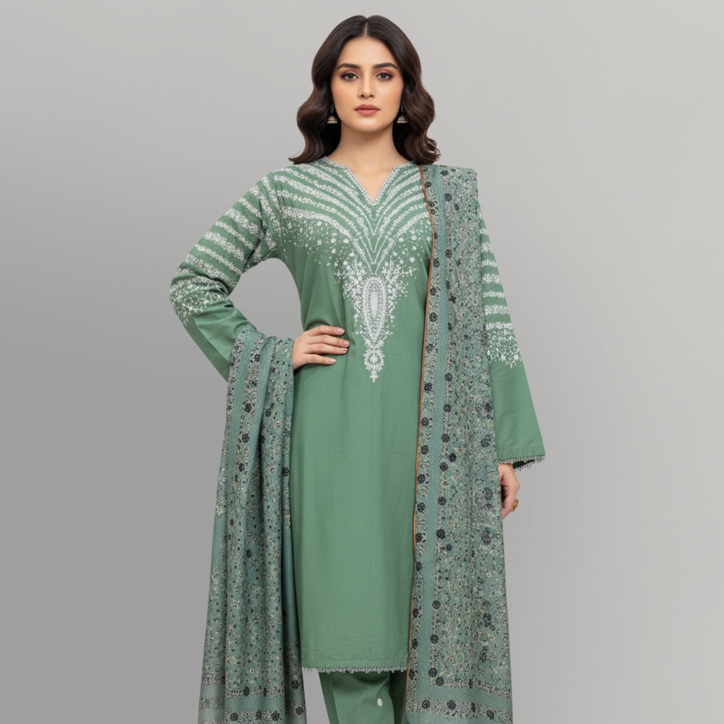 💚 Sea Green Serenity Embroidered 3-Piece Cotton Suit