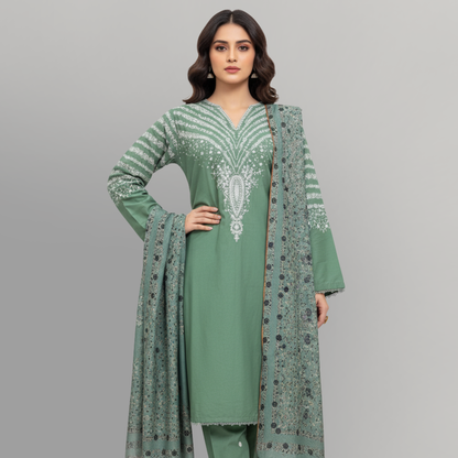 💚 Sea Green Serenity Embroidered 3-Piece Cotton Suit