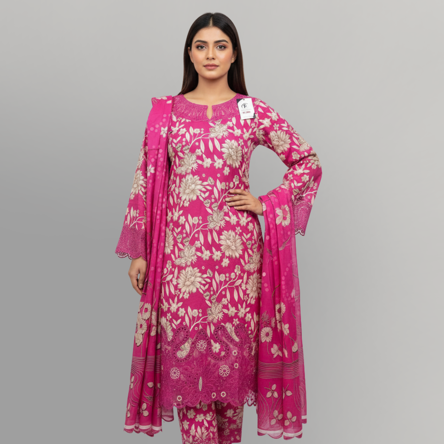 💚 Magenta Bloom Embroidered 3-Piece Lawn Suit