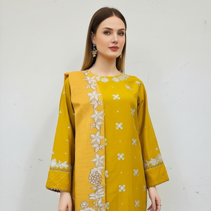 💚 Mustard Gold Heritage Embroidered 3-Piece Cotton Suit
