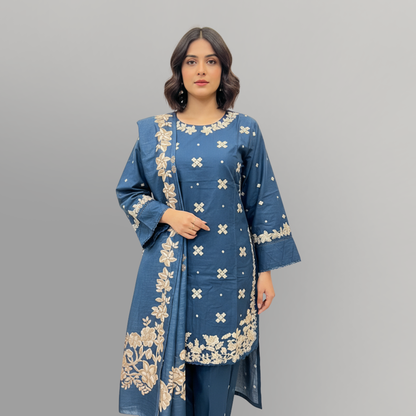 💚 Sapphire Haze Embroidered 3-Piece Cotton Suit