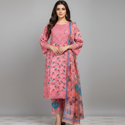 💚 Coral Bloom Embroidered 3-Piece Lawn Suit