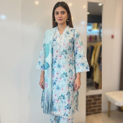 💚 Cerulean Breeze Embroidered 3-Piece Lawn Suit