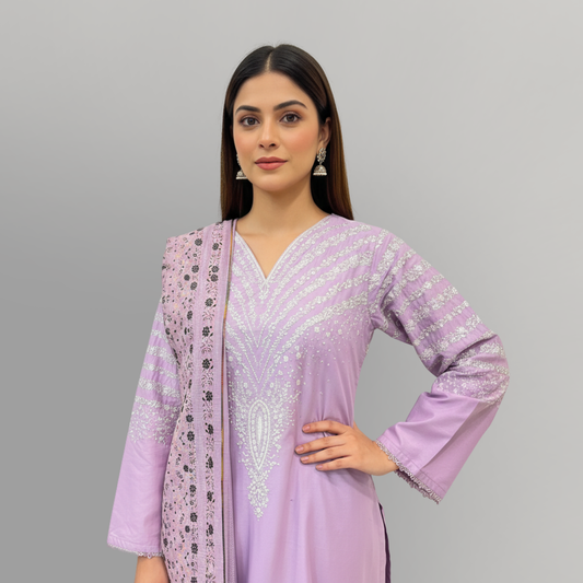 💚 Lilac Palm Embroidered 3-Piece Cotton Suit