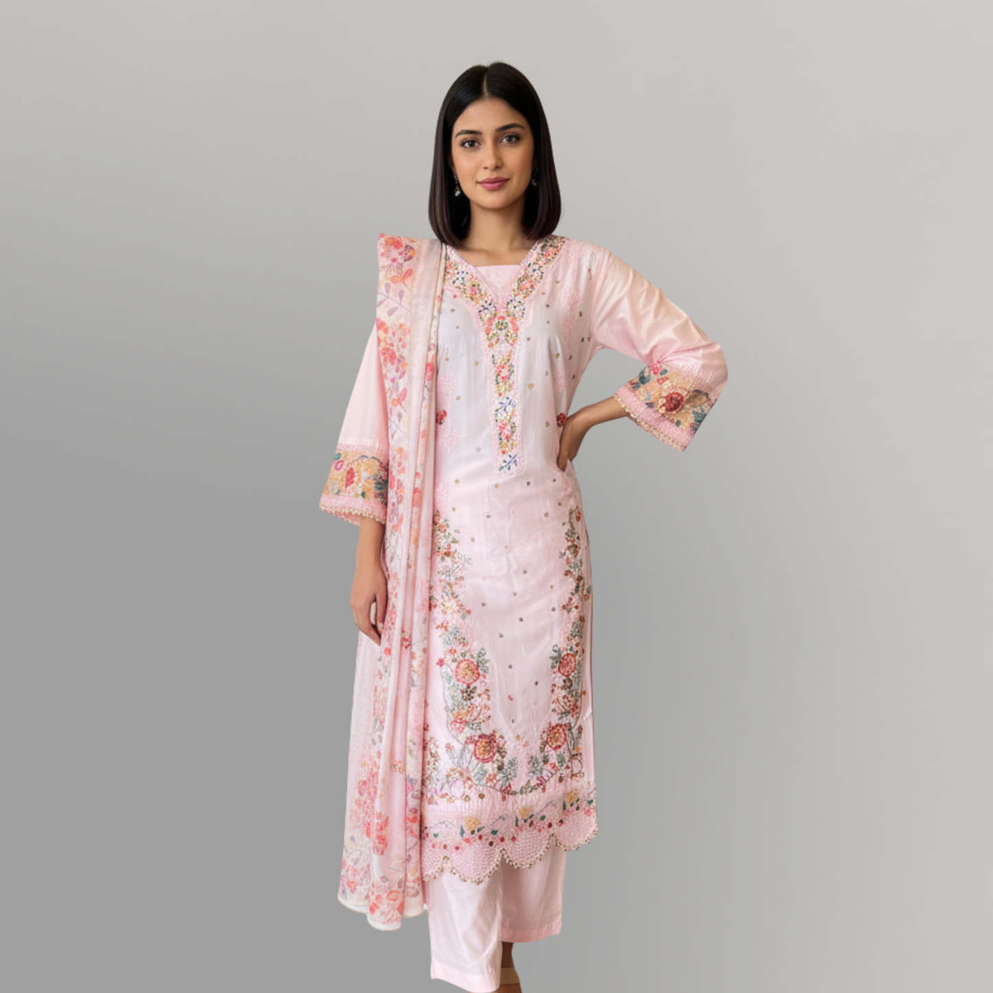 💚 Rose Quartz Embroidered 3-Piece Lawn cotton Suit