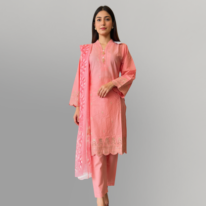 💚 Coral Glow Embroidered 3-Piece Lawn Suit