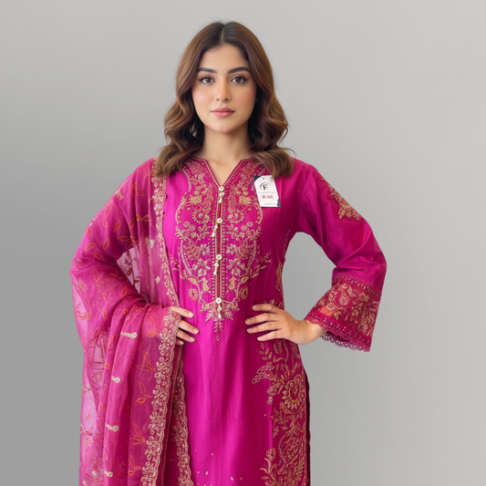 💚 Fuchsia Radiance Embroidered 3-Piece Lawn Suit