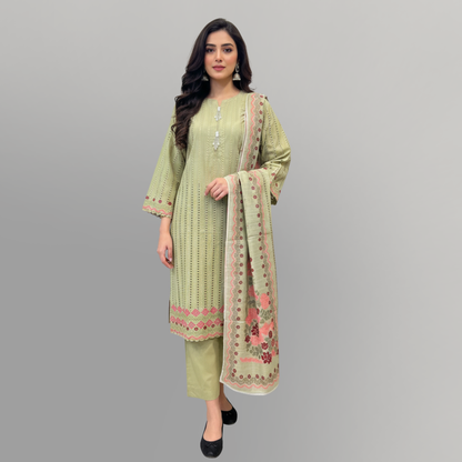 💚 Pistachio Allure Embroidered 3-Piece Lawn Suit
