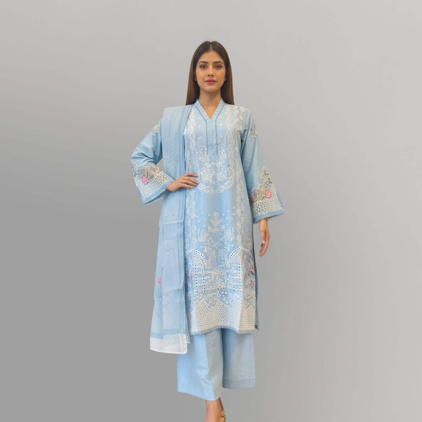 💚 Azure Mist Embroidered 3-Piece Lawn Suit