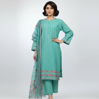 Teal Serenity Embroidered 3-Piece Lawn Suit