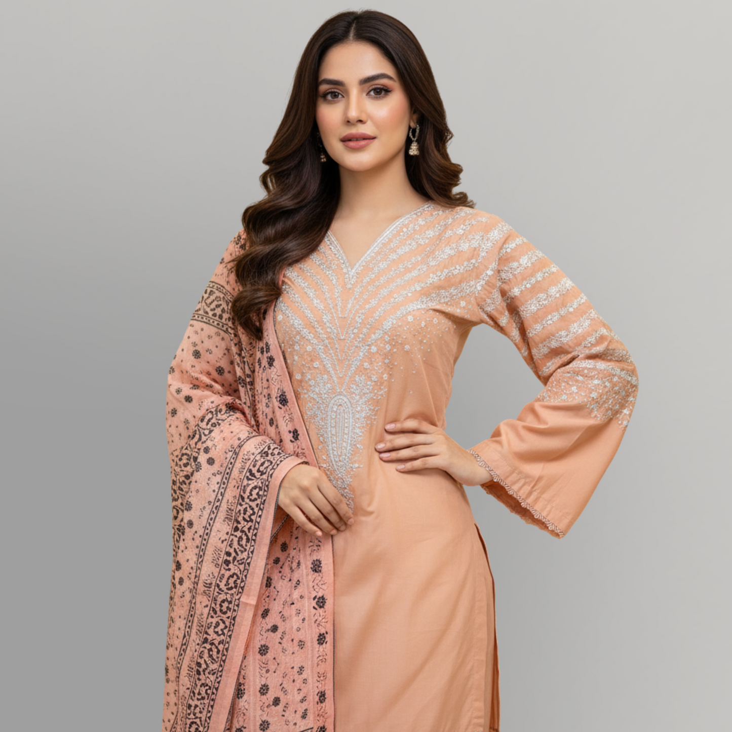 💚 Soft Apricot Glow Embroidered 3-Piece Cotton Suit