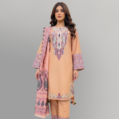 💚 Peach Nectar Embroidered 3-Piece Cotton Suit