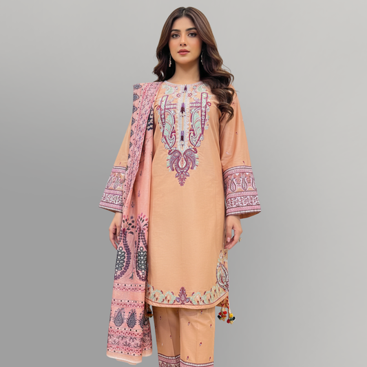 💚 Peach Nectar Embroidered 3-Piece Cotton Suit
