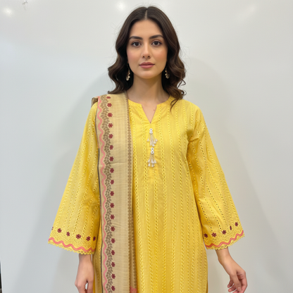 💚 Lemon Zest Embroidered 3-Piece Lawn Suit