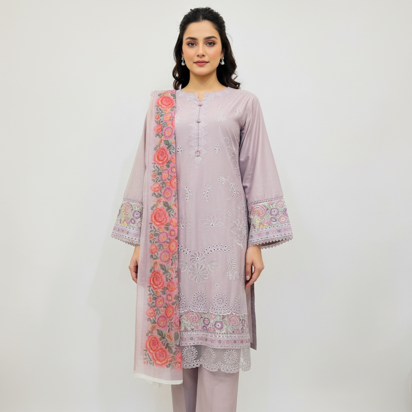 💚 Lilac Bliss Embroidered 3-Piece Lawn Suit