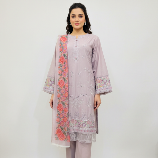 💚 Lilac Bliss Embroidered 3-Piece Lawn Suit