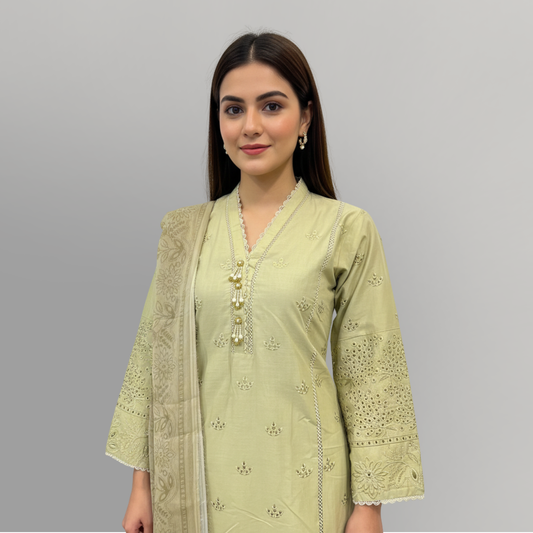 Sage Elegance Embroidered 3-Piece Lawn Suit