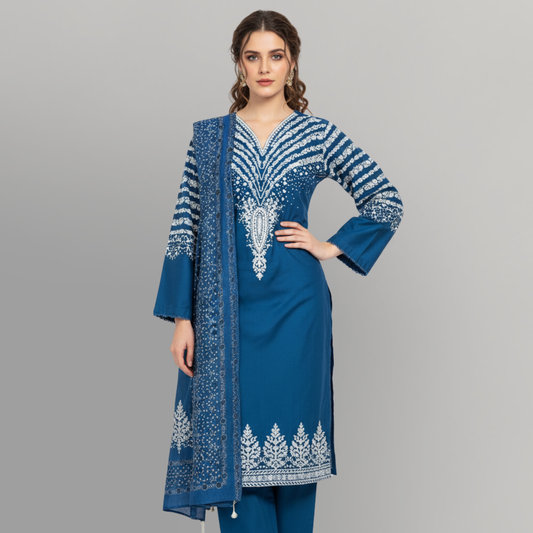 💚 Teal Sapphire Embroidered 3-Piece Cotton Suit