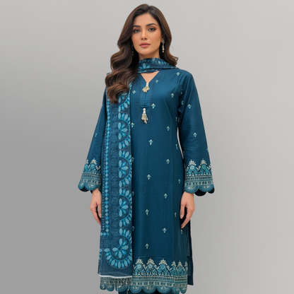 💚 Teal Sapphire Sequined Embroidered 3-Piece Lawn Suit