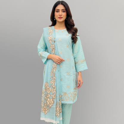 💚 Ferozi Azure Embroidered 3-Piece Cotton Suit